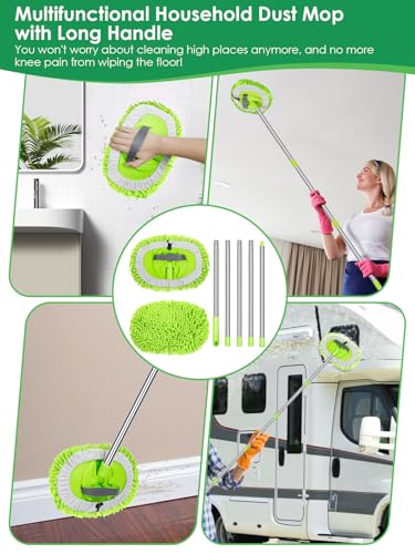 2 in 1 Lightweight Wall Cleaner Mop with Long Handle 75" 190cm Ceiling Duster Lint-Free Chenille Fiber Mop for Kitchen Baseboard Floor Glass Window Roof Cleaning Washer Scrubber Brush Tool Wet Dry Use - color: Green