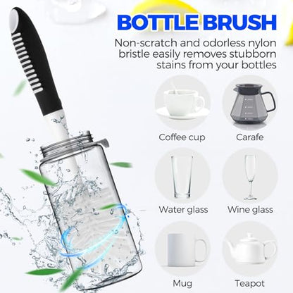 Holikme 6 Pack Dish Brush Set with Bottle Brush, Dish Scrub Brush, Pan Brush and 3 Straw Brushes, Deep Cleaning Handle Brush with Scraper Tip for Kitchen Sink Dishes Bottle Cup Pot and Pans (Black) - color: Black