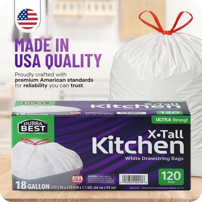 Heavy-Duty Trash Bags – 120 count, 18 Gallon White, Ultra Thick Drawstring Garbage Bags – Leak-Resistant for Home & Commercial Use, Big Trash Bags, Made in USA - color: White