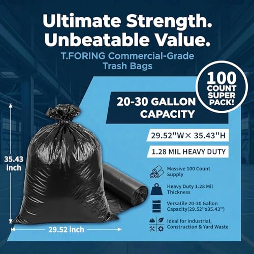 20-30 Gallon Trash Bags Bulk,30'' x 35'',1.28 Mil,Black,100 Ct | Large 20+ Gal Garbage Bag Unscented,Heavy Duty Can Liners,Fit 75 - 112 Liter Bins,for Kitchen Home Office Commercial Outdoor - color: 20-30 gal-100