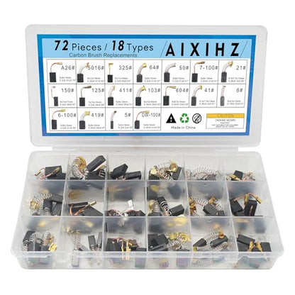 72 PCS Carbon Brushes Set, 18 Sizes Motor Brushes by Size Replacement for Power Tools, Universal Carbon Brush Kit Compatible with Electric Hammer Drills, Angle Grinders, Circular Saws