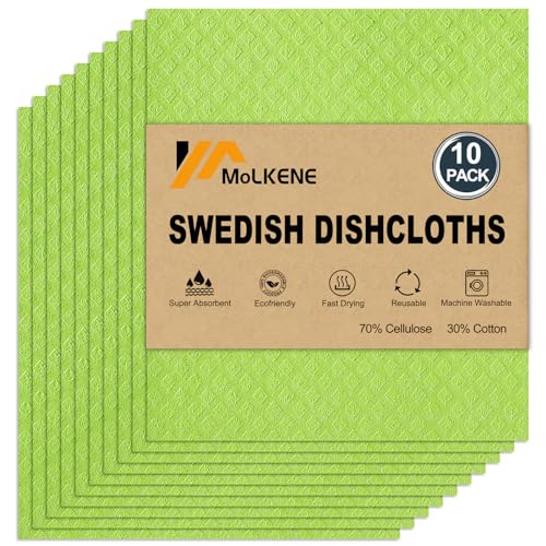MoLKENE Swedish Dishcloths for Kitchen | 10 Pack Absorbent Cellulose Sponge Cloths Washable | Non-Scratch Reusable Paper Towels Quick Drying Cleaning Rag - Lime Green - color: 10 Pack Lime Green, size: 10 Pack