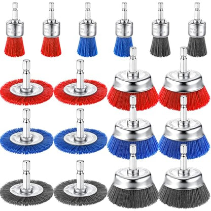 Bokon 18 Pack Nylon Filament Abrasive Wire Brush Wheel & Cup Brush Set with 1/4in Hex Shank for Cleaning Sanding Drill Scrub Brushes Attachment Remove Paint 80/120/240 Grit