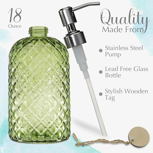 JASAI 18Oz Tea Green Soap Dispenser with Rust Proof Pump, Refillable Glass Soap Dispenser for Bathroom & Kitchen to Dispense Dish Soap, Hand soap, Lotion. - color: Green