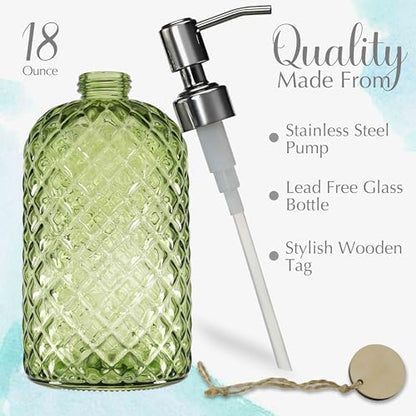 JASAI 18Oz Tea Green Soap Dispenser with Rust Proof Pump, Refillable Glass Soap Dispenser for Bathroom & Kitchen to Dispense Dish Soap, Hand soap, Lotion. - color: Green