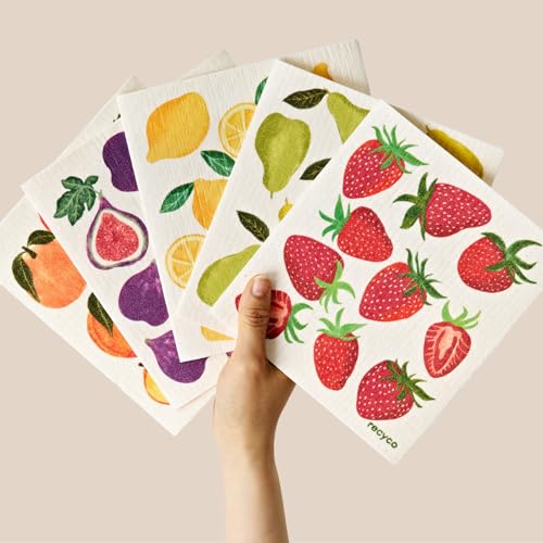 RECYCO Swedish Dishcloths for Kitchen | 5 Pack Fruit Grove Washable Dish Rags | Cellulose Reusable Cleaning Paper Towels | Absorbent Counter Dish Cloth Sponge Kitchen Wipes, 8" L x 7" W - color: Fruit Grove - 5 Pack