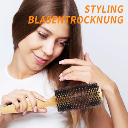 Vista Round Hair Brush with 10mm Boar Bristle 15mm Nylon Bristle Hairbrushes for Women Bamboo Hair Brush Styling with Tail Comb for Blow Drying, Shiny, Smooth, Long, Curly Hair - color: Large Bamboo
