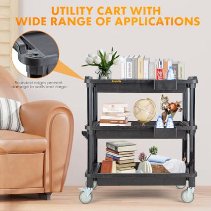 ELAFROS Multi-Use Rolling Cart with Power Strip – Industrial-Grade Plastic Utility Cart with 3 Deep Plastic Shelves, 500 lbs Capacity, 32.4"x18.3", Work cart, Black - style: With Power Strip