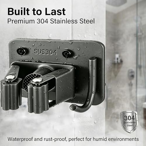 Mop Broom Holder, 4 Pcs Stainless Steel Broom Holder Wall Mount Self Adhesive/Screw Drilling Heavy Duty Broom and Mop Organizer Wall Hanging Cleaning Tool Organizer Gripper for Bathroom, Kitchen