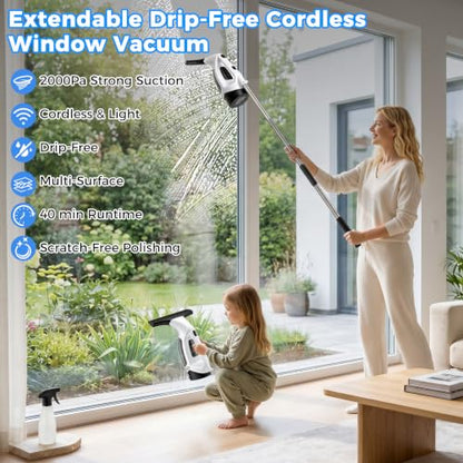 Window Vacuum Squeegee with Extendable Pole 31-40", 2000Pa Electric Window Cleaning Tool with 2200mAh and 150ml Dirty Water Tank, Long Handle Squeegee for Windows, Shower Doors, Mirrors, and Tiles