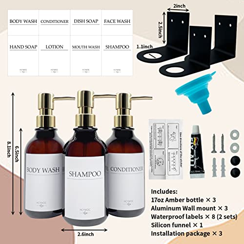 Shampoo Dispenser for Shower Wall, Shampoo and Conditioner Dispenser with 16 Waterproof Labels, No Drill Shower Soap Dispenser Bathroom, Shower Soap Dispenser Wall Mounted,17oz, 3 Pack, Gold Amber - color: 1-amber Bottle + Gold Pump