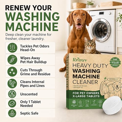 Renuv® Heavy Duty Washing Machine Cleaner For Pet Owners, 12 XL Tablets | For Dog & Cat Hair, Removes Stink, Odor, Residue, Grime, Front Load or Top Load Washer, HE and Septic Safe, 1 Year Supply - style: 12 Tablets