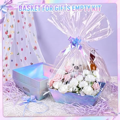 AFOROEOA 10 PACK Laser Gift Baskets for Gifts Empty, 12x10x4” Holographic Iridescent Gift Basket Kit with 10 Bows & 10 Bags - Large Empty Gift Baskets to Fill for Christmas, Weddings, Birthdays, Holiday Gifting Hampers - color: 10 Laser