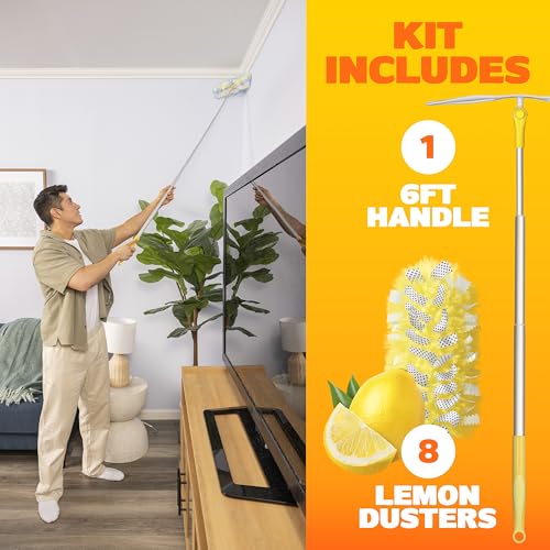 Swiffer Duster Kit with 6 ft Super Extendable Handle, Heavy Duty Starter Kit with 8 Refills, Lemon Scent
