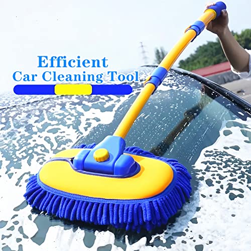 Mveqrrn Upgrade Car Wash Brush with Long Handle,Chenille Microfiber Car Cleaning Brush Supplies Kit Car Wash Mop Accessories Car Washing Brush with Scratch-Free Replacement Head(Blue - color: Blue-002