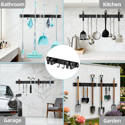 Broom Holder Wall Mount, 2-Pack Stainless Steel Mop and Broom Organizer, Broom Hanger with 2 Slots 2 Hooks for Home Kitchen, Garage, Garden and Laundry Room, Black - color: Black-2 Pack