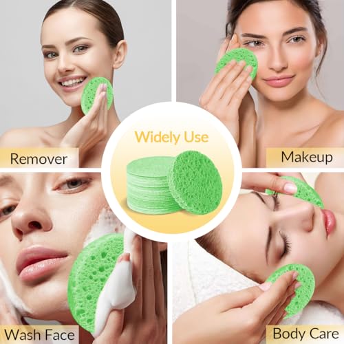 100-Count Facial Sponges Compressed Natural Cellulose Sponge Round Shape Face Sponge for Face Cleansing Exfoliating and Makeup Removal, Green - color: 100- Pack Green