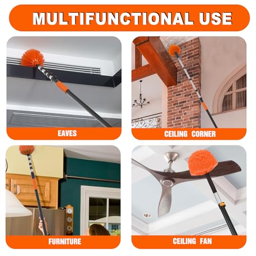 SISUPASSIE 20FT Reach Cobweb Duster with Extension Pole, High Ceiling Long Duster with 3-12FT Telescoping Pole, Spider Web Brush for Indoor Outdoor Use - size: 12FT