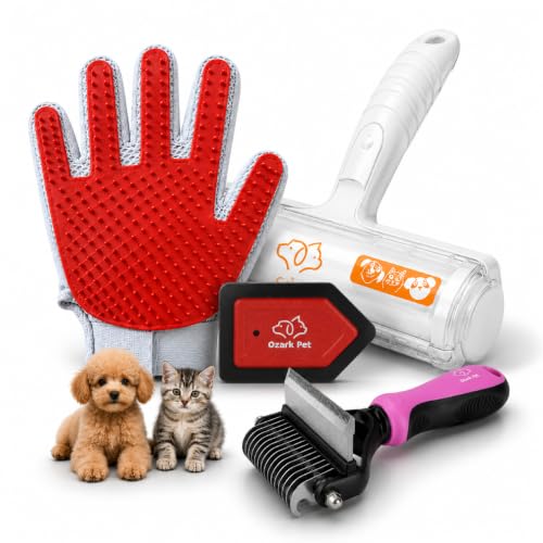 Grooming Brush for Dog/Cat with 2 Sided Grooming Brush for De-Shedding, De-Matting Reduces Shedding up to 95%, Great Short to Long Hair Small Large (Red, Combo 4-in1 Large) - color: Red, size: Combo 4-in1 Large
