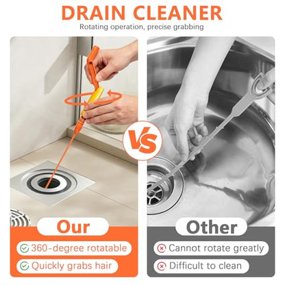 6-Pack Reusable Drain Snake Hair Clog Remover Tools, 5 x 18-Inch Flexible Snakes with 1 Rotating Handle, for Bathroom Sinks & Shower Drains