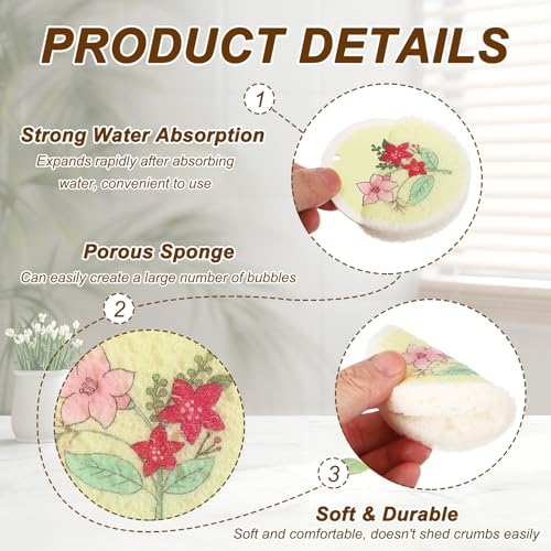 uxcell 6Pcs Cellulose Sponges, Round Kitchen Clean Sponges Non-Scratch Compressed Dish Scrubber with Floral Pattern for Kitchen Household Cookware Bathroom Cleaning & DIY, Light Green - color: Light Green