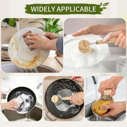 5 PCS Bamboo Dish Brush with Handle Set - Natural Dish Scrubber Brush with 3 Replacement Brush Heads and 2 Dish Sponges for Cleaning Dishes, Pans, Pot, Fruit and Veggie
