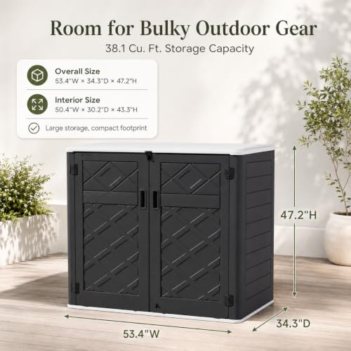 ADDOK 38 Cu.Ft Outdoor Storage Shed with Floor,Large Waterproof Resin Storage Cabinet with Lift-Up Lid,Double Doors and Lockable Design for Lawn Mower,Garden Tools, Patio,Backyard and Pool Supplies - size: Black 38 Cu.Ft