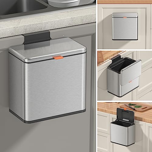 Mbillion Kitchen Compost Bin Hanging Trash Can with Lid 1.05 Gallon Stainless Steel Garbage Can for Kitchen Cabinet Door Mounted Trash Can Under Sink Door RV Bathroom,Silver - color: Silver, size: 1.05 Gal