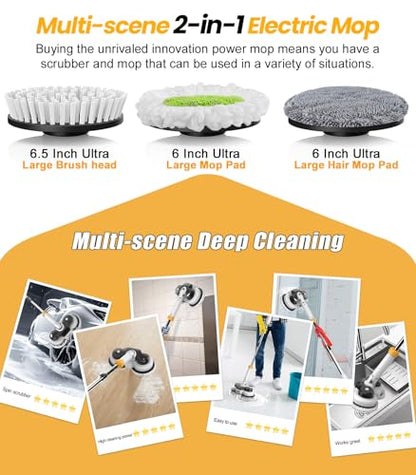 qimedo 800RPM Cordless Electric Mop, 6000mAh Battery Electric Power Scrubber & Mops for Floor Cleaning, Best Automatic Spin Mops with Smart Display,Rotating Mop with LED Light & Water Spray