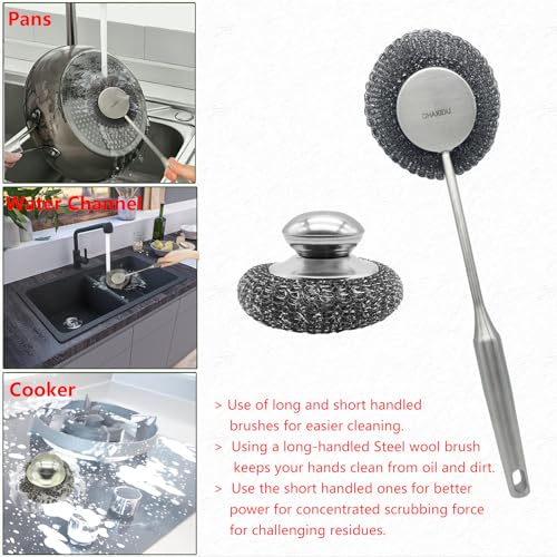 Stainless Steel Wool Scrubber Set, Long Handle & Handle Brushes, Metal Brush for Pots, Pans, Grills & Cutlery Cleaning (3 Pack)