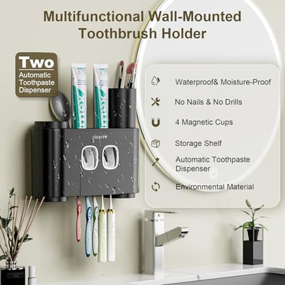 Toothbrush Holder Multi-Function Wall-Mounted, Automatic Toothpaste Dispenser & Dust-Proof Toothbrush Holder with 5 Brush Slots 4 Cups 2 Automatic Toothpaste Dispensers 1 Storage Slot (Black) - color: Black