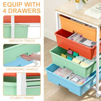 Utility-Rolling-Storage-Drawer-Craft-Cart-Organizer with 4 Drawers and Wooden Tabletop & Lockable Wheels for Home Office, Bedroom, Kids Room, Classroom, 4 Tiers Under Desk Drawer Cart, Macaron - color: Macaron