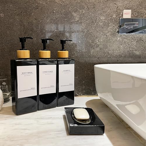 Shampoo Dispenser for Shower Wall, Shampoo and Conditioner Dispenser with 16 Waterproof Labels, No Drill Shower Soap Dispenser Bathroom, Shower Soap Dispenser Wall Mounted, 17oz, Bamboo(Black) - color: Black Bottle + Bamboo Pump