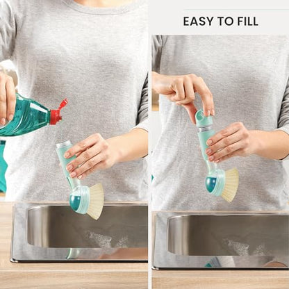 Vigar Rengo Dish Brush with Soap Dispenser - Dish Scrubber with Handle, Kitchen Scrub Brush for Dishes, Sink Cleaning Brush, Soap Dispensing Dish Wand with Nylon Bristles, Non Scratch - Turquoise - color: Turquoise