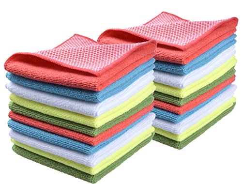 SINLAND 5 Color Assorted Microfiber Dish Cloth Best Kitchen Cloths Cleaning Cloths with Poly Scour Side 12Inchx12Inch 20 Pack (Pinkx4+bluex4+whitex4+yellowx4+greenx4) - color: Assorted Color, size: 12inchx12inch 20pack