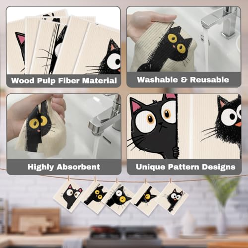 5 Pcs Cartoon Cute Peeking Kitten Swedish Dishcloths, Kitty Swedish Dishcloth, Funny Cat Dish Cloths for Drying Dishes, Reusable Cleaning Cloths, Cat Lover Gifts for Women 3 - color: Lm 03434