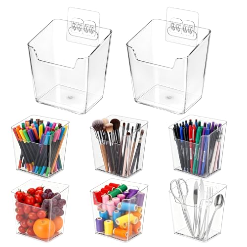 8 Pack Clear Adhesive Wall Storage Bins, Stackable Wall Mount Desktop Organizer Holders for Office Craft Remote Kitchen Sink RV Organization