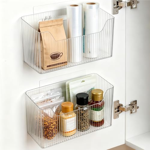 2 Pack Cabinet Door Organizer, Clear Storage Caddy, Adhesive Wall Mounted Organizer Bins, with Self Adhesive Tape, for Bathroom, Kitchen, Cabinet, Living Room