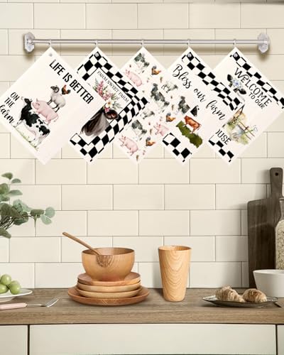Miss Adola Swedish Dishcloths for Kitchen with Hooks - Reusable Dish Cloths for Washing Dishes Fast Drying Cute Fun 5 Pack Swedish Dish Towels Washable Cleaning Sponge, Black White Farm - color: Black White Farm