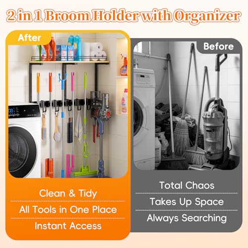 HOOMESUN Broom Holder Wall Mount with Shelf & Guard Rail, Upgraded No-Fall Storage, 120 lbs Heavy Duty Cleaning Organizer, 5 Clamps 4 Hooks, Thick Metal & Wood Rack for Laundry Room Garage