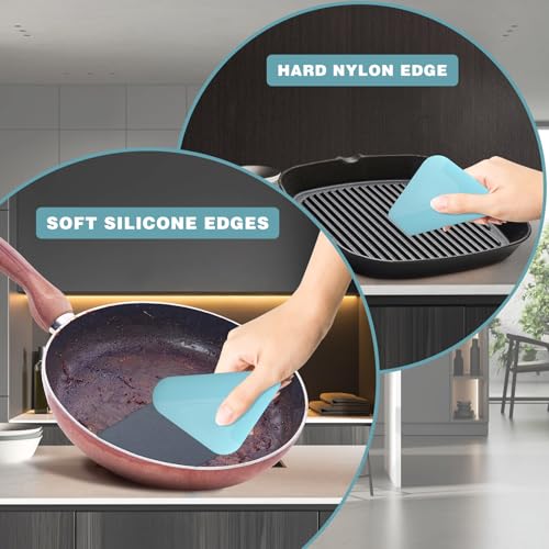 Food Scraper, 2-in-1 Pot and Pan Dish Scraper, Nylon and Silicone, Kitchen Scraper Tools for Cast Iron Skillets, Cookware, Dishes, Pans and Pots, Heat Resistant, Set of 3, Blue - color: All Blue