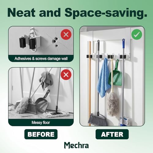 Over The Door Broom and Mop Holder, Heavy Duty Stainless Steel Organizer with 4 Slots and 3 Hooks, No Drilling Space Saving Tool Hanger for Kitchen, Laundry Room, Closet, and Garage - White - color: White