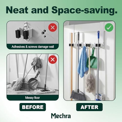 Over The Door Broom and Mop Holder, Heavy Duty Stainless Steel Organizer with 4 Slots and 3 Hooks, No Drilling Space Saving Tool Hanger for Kitchen, Laundry Room, Closet, and Garage - White - color: White
