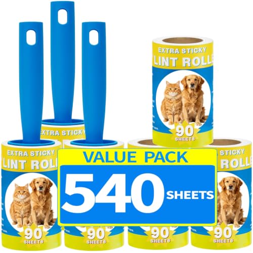 Lint Rollers for Pet Hair Extra Sticky 540 Sheets with 3 Handles Portable Pet Lint Remover for Clothes, Furniture, Carpet, Dog and Cat Hair Removal - size: 4 inch 540 sheets