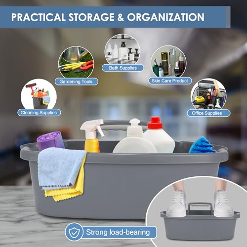 Large Cleaning Supplies Caddy Organizer, Portable Shower Caddy Plastic Basket with Handle, Stackable Tool Storage for Bathroom, Garden, Kitchen, Home Organization, Grey