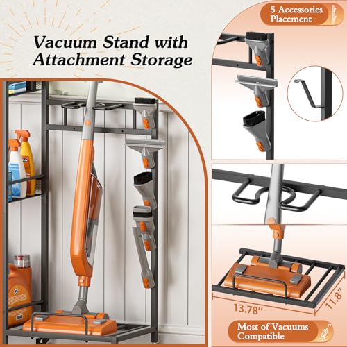 Broom Holder with Cleaning Supplies Organizer, Broom Closet Storage Cabinet with Cleaning Caddy Vacuum Stand, Cleaning Cart with Mop Hanger Gripper Rack Hook, Laundry Room Organization Home Essentials - color: Black