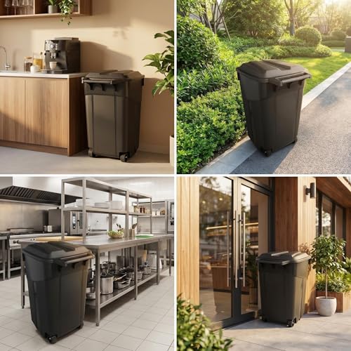 45 Gallon Wheeled Black Plastic Garbage Bin with Lid for Outdoor Use | Built-in rolling wheels enable easy moving around your patio, deck and garage with little effort