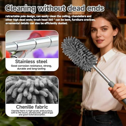 Extendable Microfiber Duster, Telescoping Dusting Brush for Home and Car Cleaning, Adjustable Length, Soft and Flexible - color: Elongated Grey