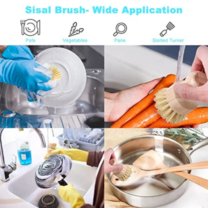 Aisuly Bamboo Dish Brush Set, 2 Pcs Palm Wooden Dish Scrubber Brush, Dish Brushes, Durable Wood Dishes Scrub Brush, Natural Round Vegetable Cleaning Pots Pans Sink Washing Kitchen Brush - size: 1p Palm+1p Sisal