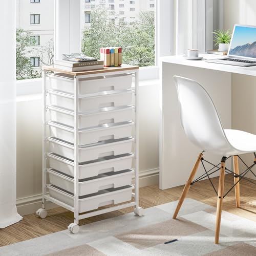 Storage Cart with 8 Drawers, Utility Cart with White Drawers and Wooden Tabletop, Craft Cart, Teacher Organization for Classroom,White - color: White